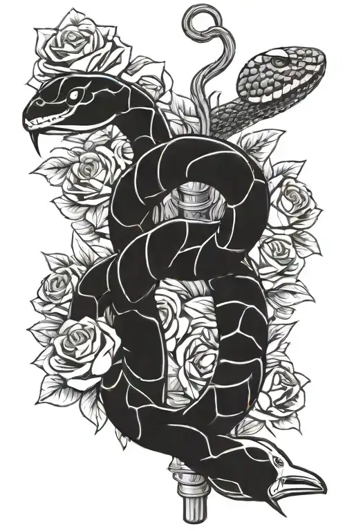 Snake And Roses On Pole Intertwined
