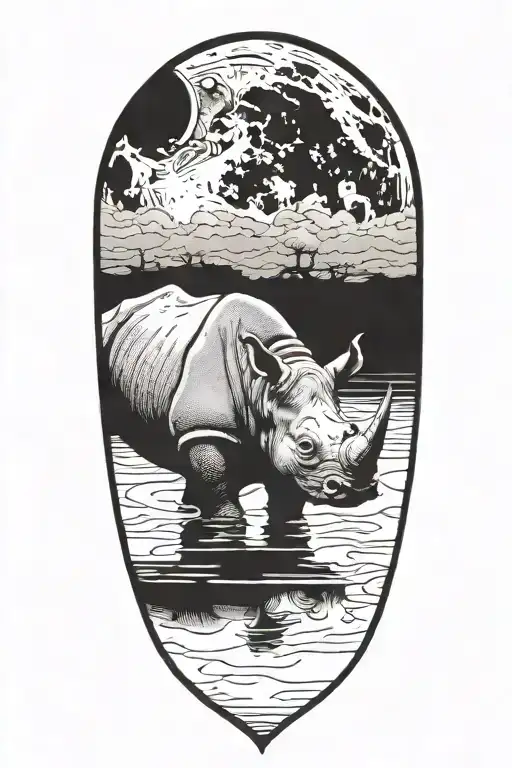 Rhinoceros Looking At Moon Reflected In Pool Water