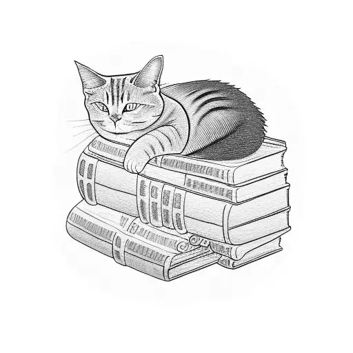 A Tattoo Of A Bookshelf Filled With Colorful Books And A Small Sleeping Cat On Top