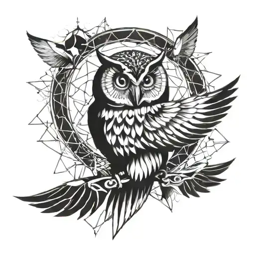 A Geometric Design Incorporating Symbols Of Owl Flies Towards Me