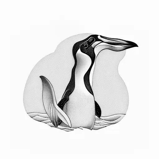 A Captivating Blackwork Tattoo Depicting A Penguin Standing On A Wave With A Calla Lily In Its Beak