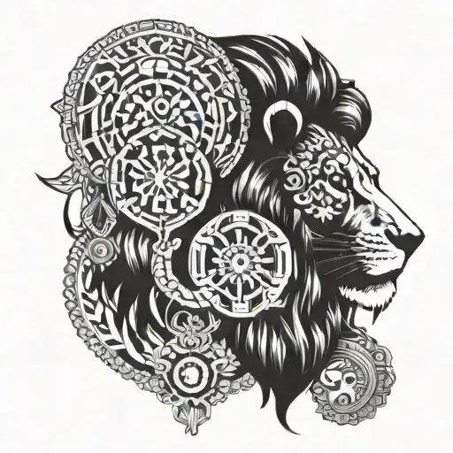 A Lion Mandala Incorporating Elements Of Real Estate Such As Buildings Or Keys