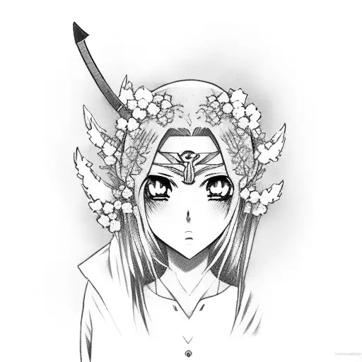 Anime Girl With Oni Mask And Katana Surrounded By Sakura Trees