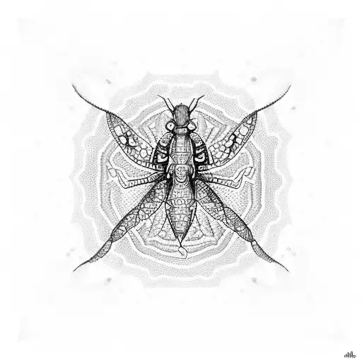 A Mesmerizing Dotwork Pattern Of Water Ripples With A Mantis Gracefully Swimming In The Center