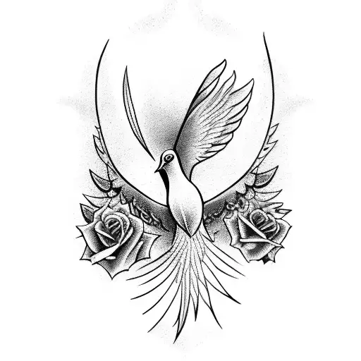 A Majestic Dove With Intricate Calligraphy Wings And A Heart-shaped Rose In Its Beak