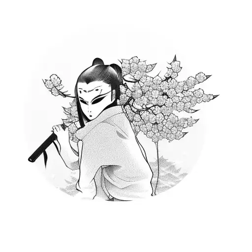 Girl With Oni Mask And Katana Surrounded By Sakura Trees