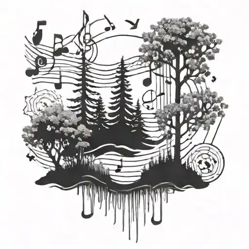 A Serene Forest Scene With Musical Notes Floating In The Air