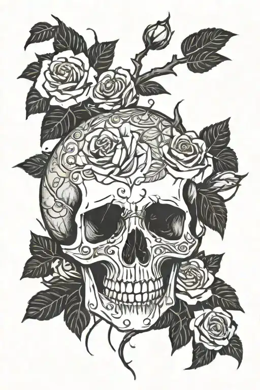 Broken Skull With Vines And Roses Growing