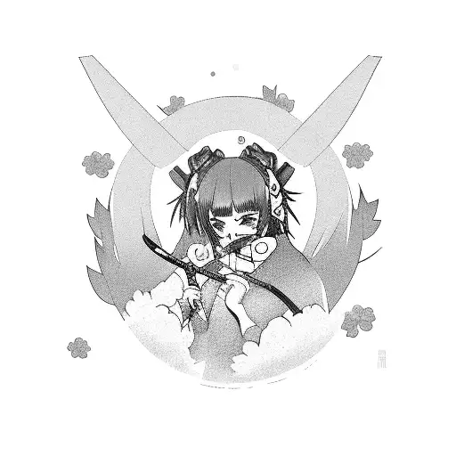 Anime Girl With Oni Mask And Katana Surrounded By Sakura Trees