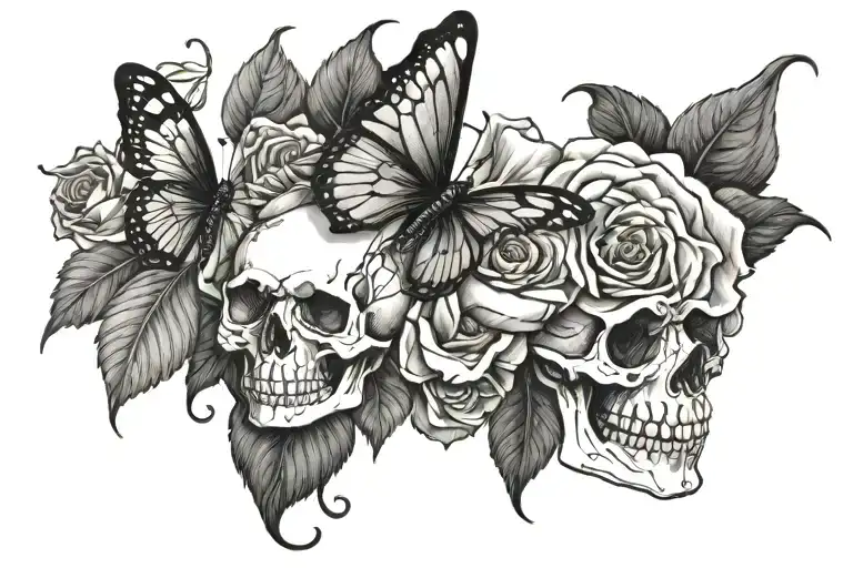 Skull Rose Baterfly Tattoo Design
