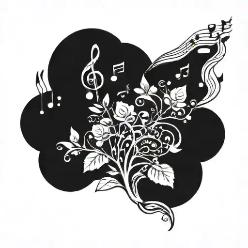A Beautiful Tattoo Design Of A Serene Garden With Music Notes Floating In The Air