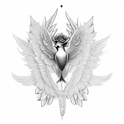 A Realistic Dove With Fancy Calligraphy Wings And A Heart-shaped Rose