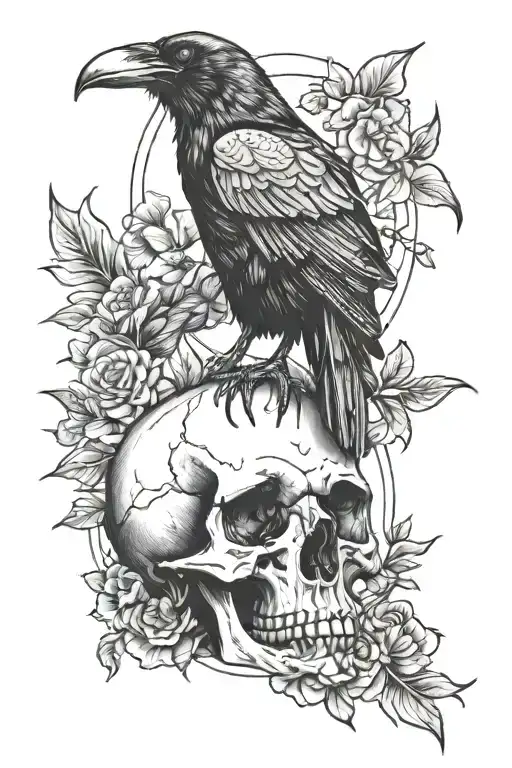 Raven Sitting On Top Of Skull