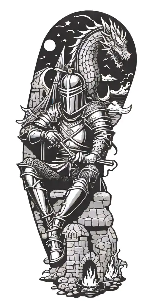 Medieval Knight Sitting By Camp Fire By The Ocean With Dragon And Castle In The Back With Sun In Sky