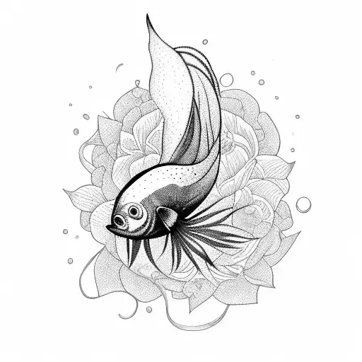 A Black Betta Fish With Long Fins In The Middle Surrounded By Some Flowers