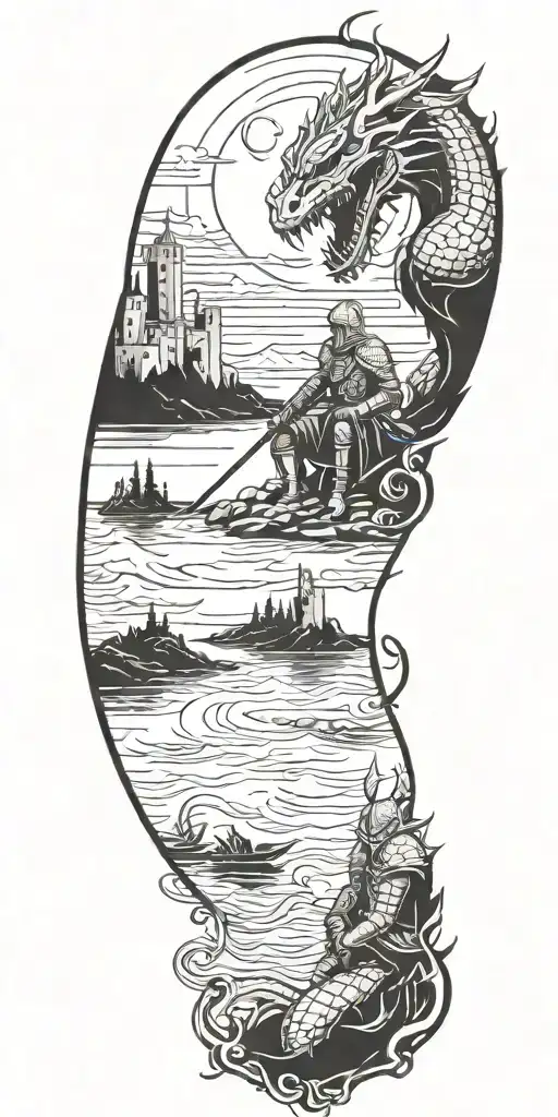 Medieval Knight Sitting By Camp Fire By The Ocean With Dragon And Castle In The Back With Sun In Sky