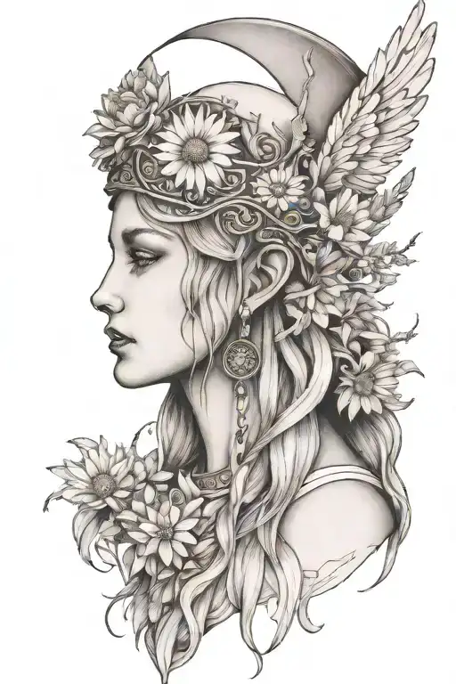 Freya Goddess Bust Wearing Feather Helmet Full Moon And Floating Daisies