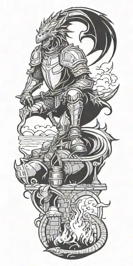 Medieval Knight Sitting By Camp Fire By The Ocean And Dragon And Castle In Background