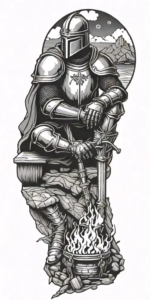 Medieval Knight Sitting By Camp Fire By The Ocean