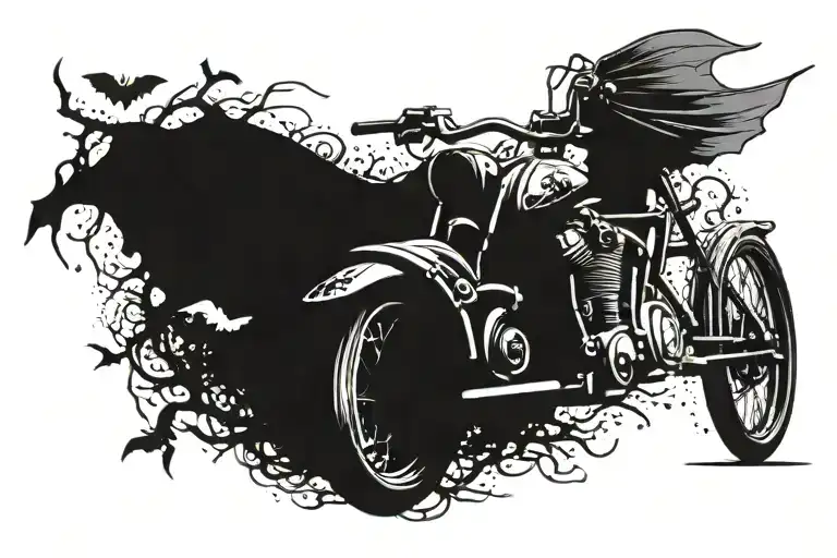 Tattoo Of A Classic Bike With Bats Coming Out Of Exhaust And The Bike Is Moving Towards A Tree