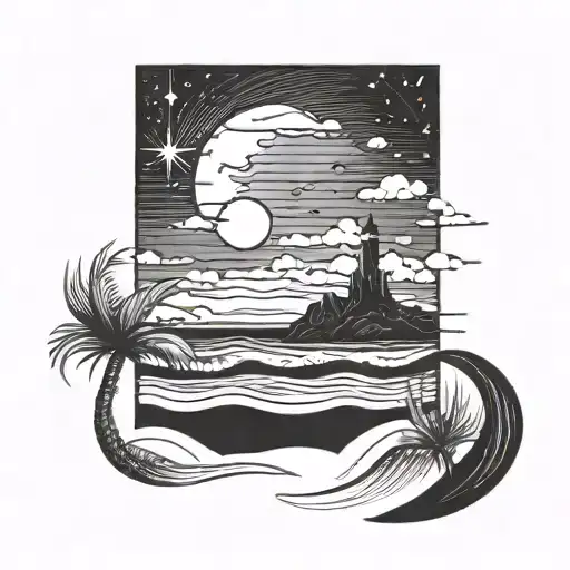 A Beach Scene At Night With A Shooting Star In The Sky