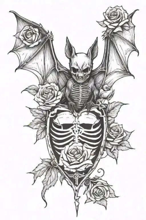 Bat With His Skeleton Exposed Heart Seen And With A Rose Behind The Bat