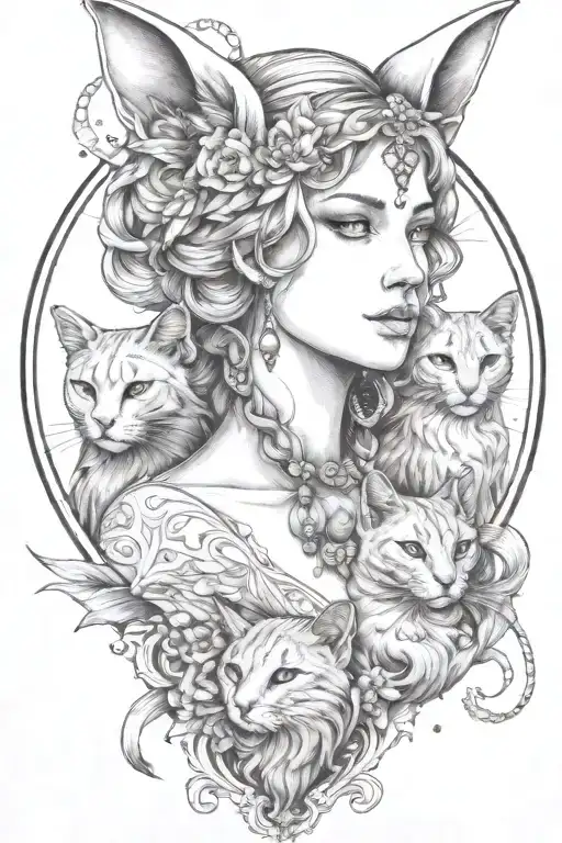 Freya Goddess Bust With 2 Small Cats Full Moon Feathers Constellation