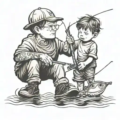 Father Son Holding Hands Fishing Rods