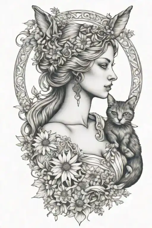 Freya Goddess Bust With Small Cat Full Moon Daisies