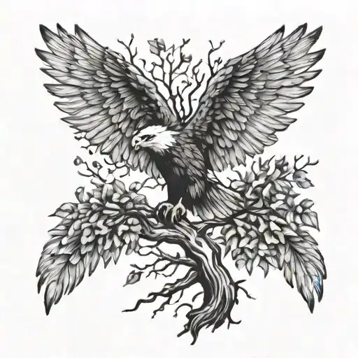 Full Drawing Of A Tree But Part Of Its Branches Is An Eagle Wing