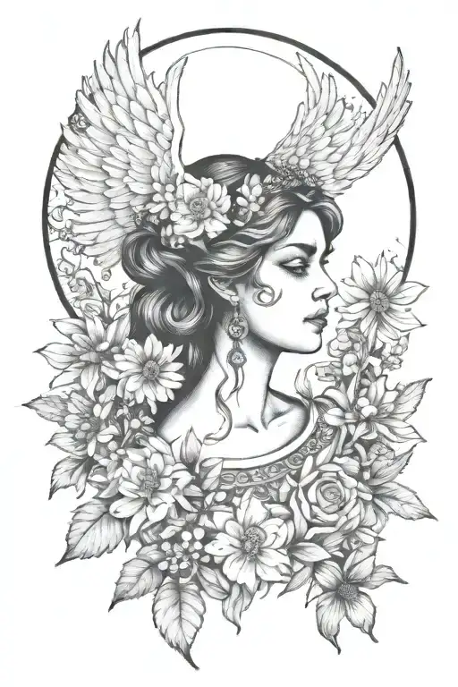 Full Moon Freya Bust Goddess With Daisies And Angel Wings On Shoulder