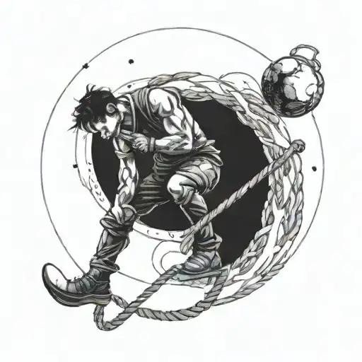 A Man Holding A Rope That Is Tied Around The Moon