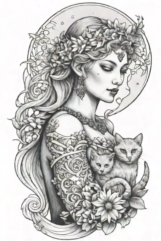 Freya Goddess Bust With Daisies Full Moon And Kitten