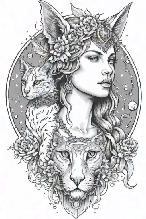 Freya Goddess Bust With 2 Small Cats Full Moon Feathers Constellation