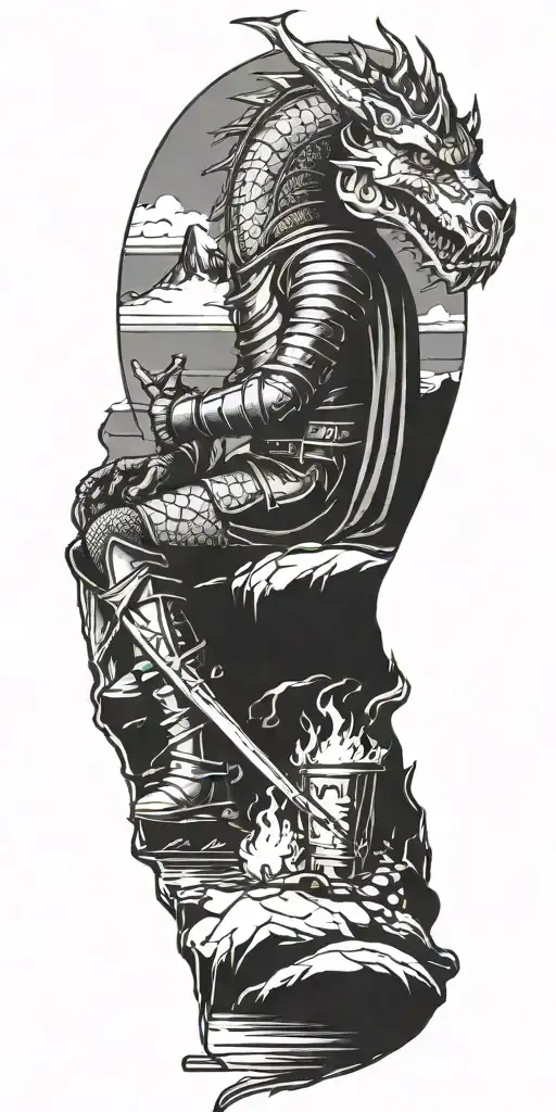 Medieval Knight Sitting By Camp Fire By The Ocean With Dragon And Castle In The Back