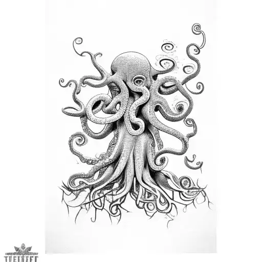 Tree With Octopus Tentacle Roots And A Woman Hanging By Tentacle