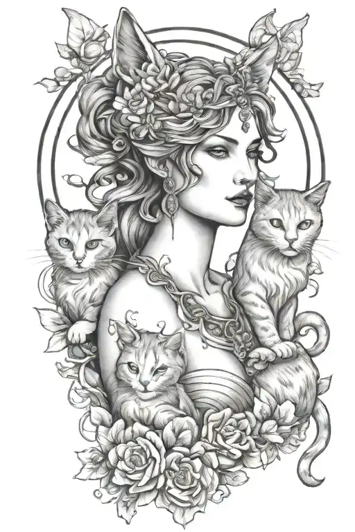 Freya Goddess Bust With 2 Small Cats Full Moon