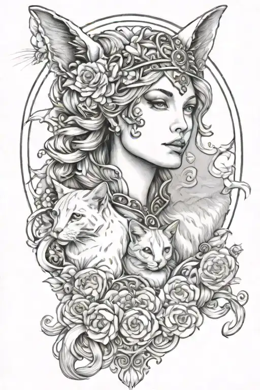 Freya Goddess Bust With 2 Small Cats Full Moon