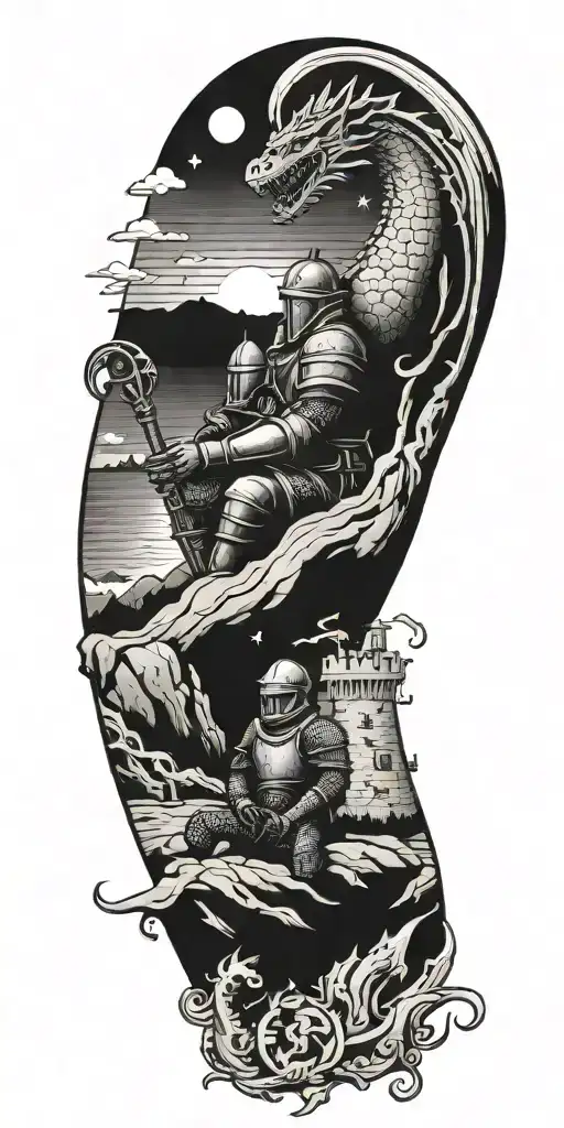 Medieval Knight Sitting By Camp Fire By The Ocean With Dragon And Castle In The Back With Sun In Sky