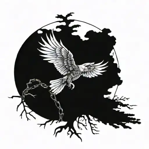 Eagle With Open Wings Breaking Free From Being Chained To Tree Roots