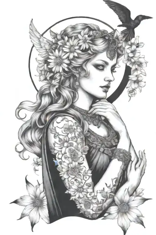 Freya Goddess With Daisies Moon And Hanging Wings Kitten