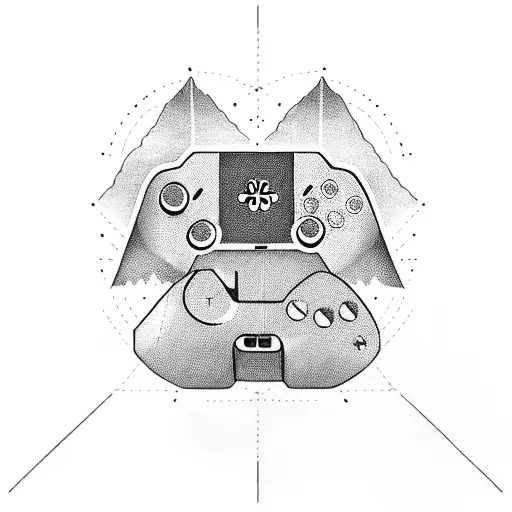 A Blackwork Tattoo Of A Gaming Controller Surrounded By Mountains And A Night Sky
