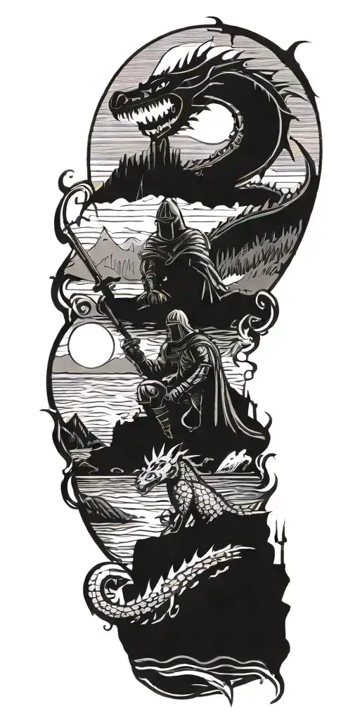 Medieval Knight Sitting By Camp Fire By The Ocean With Dragon And Castle In The Back With Sun In Sky