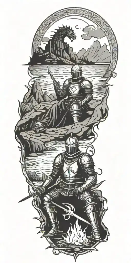Medieval Knight Sitting By Camp Fire By The Ocean With Dragon And Castle In The Back With Sun In Sky