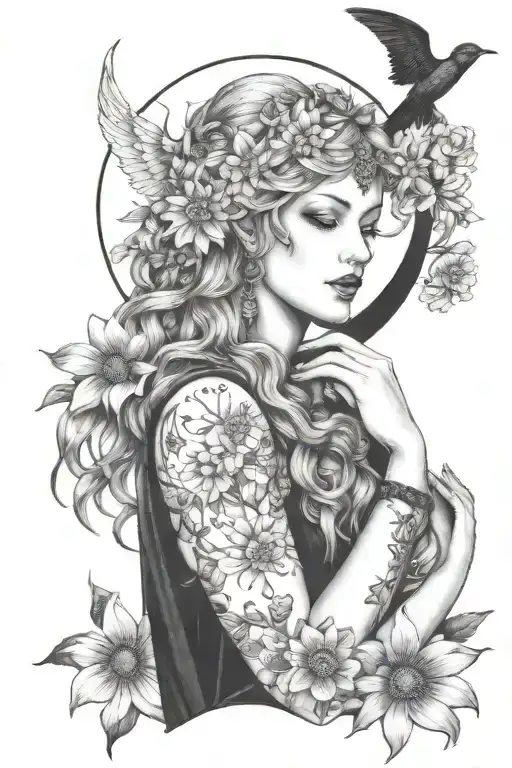 Freya Goddess With Daisies Moon And Hanging Wings