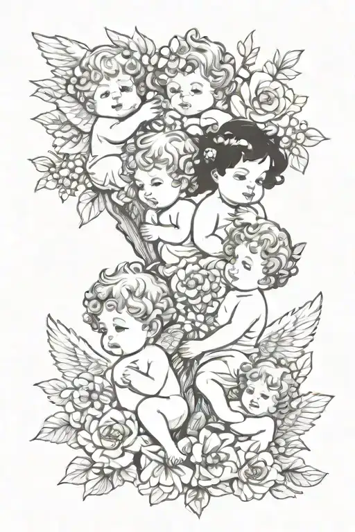 6 Cute Cherubs Holding Flowers As A Family Tree