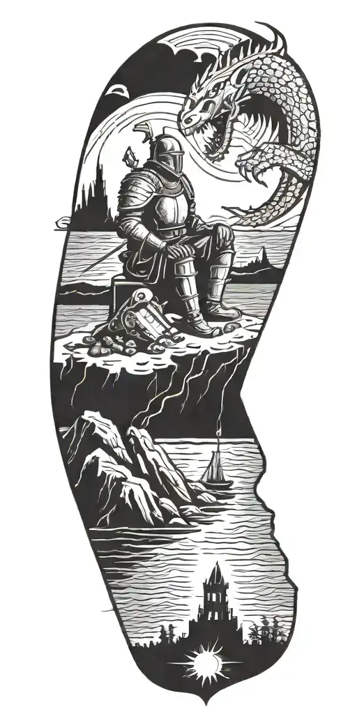 Medieval Knight Sitting By Camp Fire By The Ocean With Dragon And Castle In The Back With Sun In Sky