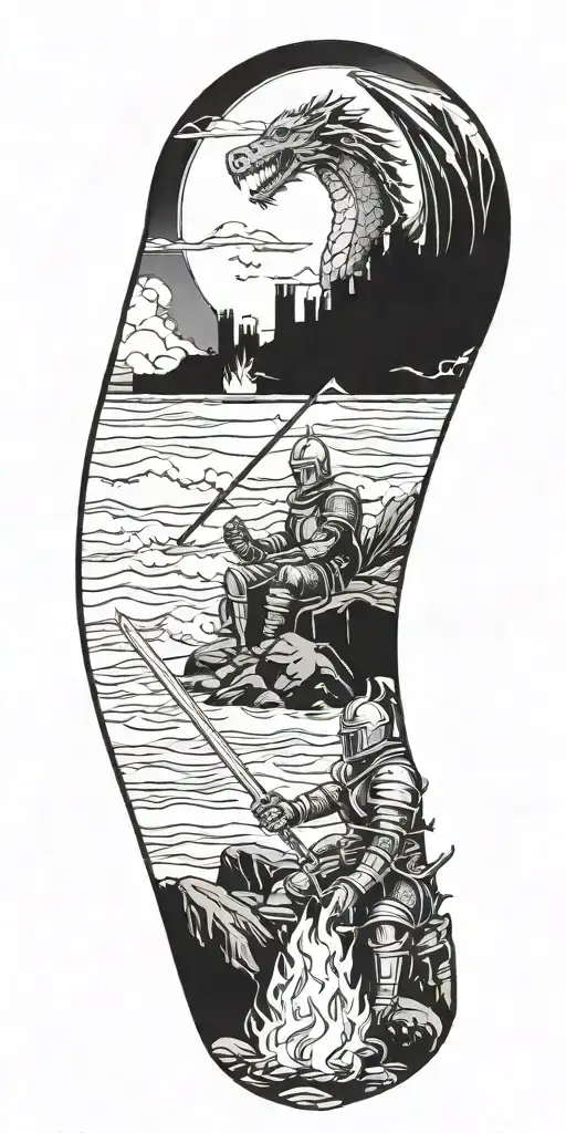 Medieval Knight Sitting By Camp Fire By The Ocean With Dragon And Castle In The Back With Sun In Sky