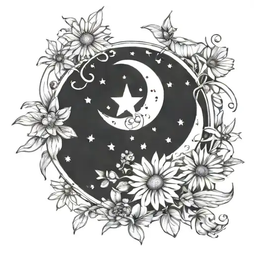Moon And Star Surrounded By Daisies
