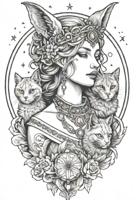 Freya Goddess Bust With 2 Small Cats Full Moon Feathers Constellation